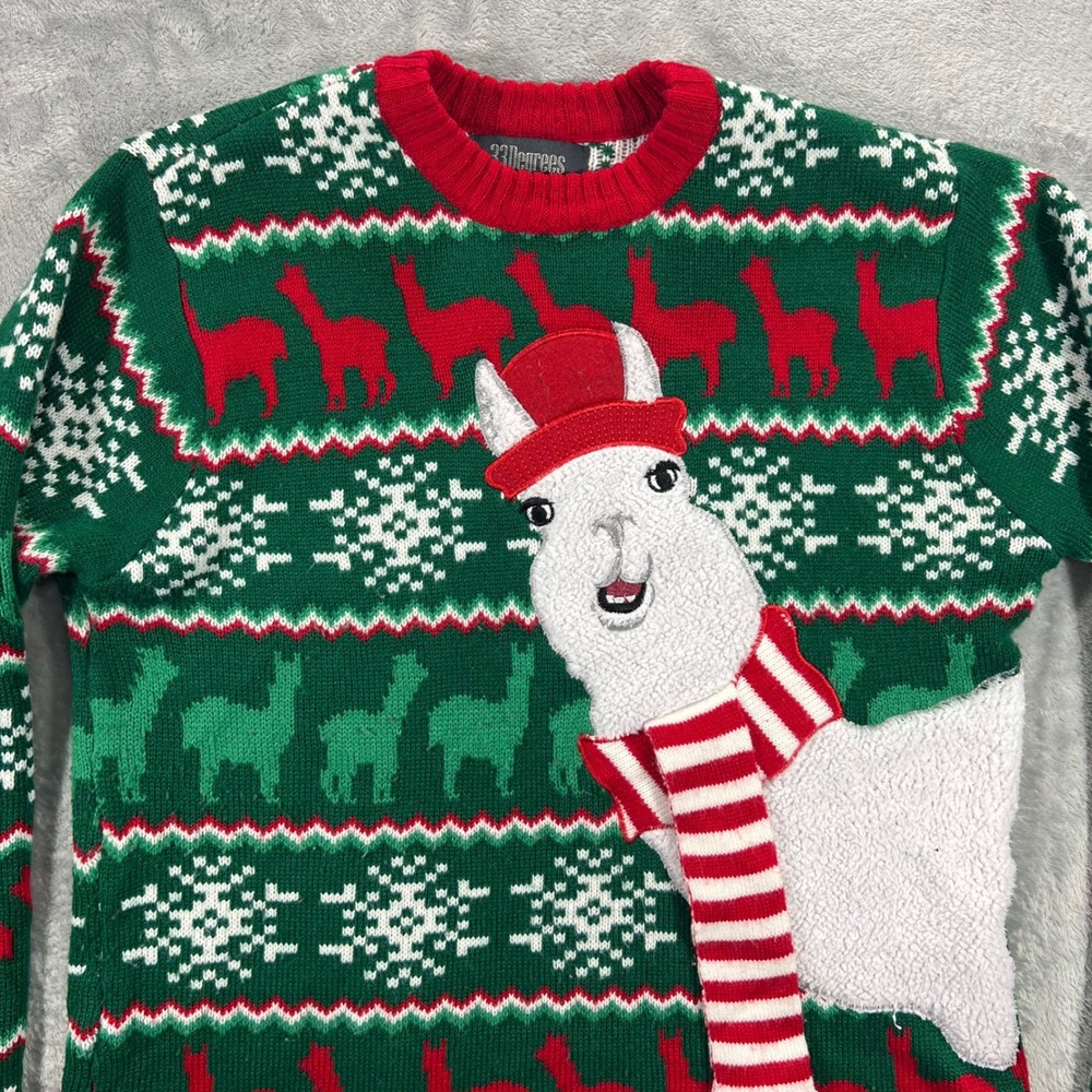 33 DEGREES Ugly Christmas‎ Sweater Mens Medium Green Llama Isle E78937K